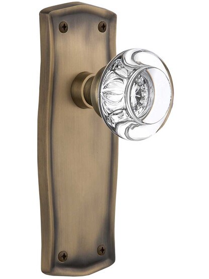 Prairie Door Set with Round Crystal Glass Knobs - No Keyhole in Antique Brass .